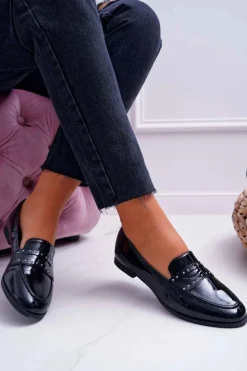 Damskie Boto Mokasyny Damskie Lakierowane Loafery Lordsy Czarne Tenes