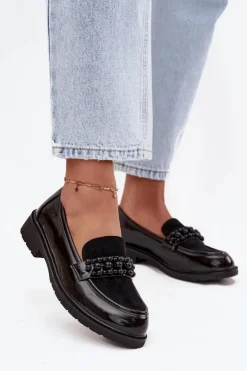 Hot D&A Mokasyny Damskie Lakierowane Z Koralikami S.Barski HY52-541 Czarne Czarny