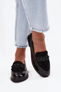 Hot D&A Mokasyny Damskie Lakierowane Z Koralikami S.Barski HY52-541 Czarne Czarny