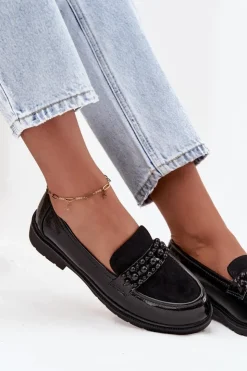 Hot D&A Mokasyny Damskie Lakierowane Z Koralikami S.Barski HY52-541 Czarne Czarny