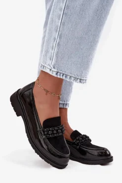 Hot D&A Mokasyny Damskie Lakierowane Z Koralikami S.Barski HY52-541 Czarne Czarny