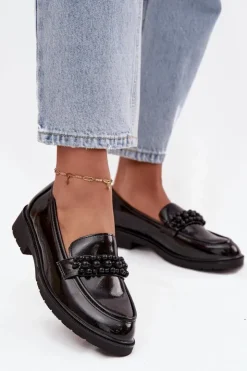 D&A Mokasyny Płaskie|Mokasyny Damskie Lakierowane*Mokasyny Damskie Lakierowane Z Koralikami S.Barski HY52-541 Czarne Czarny