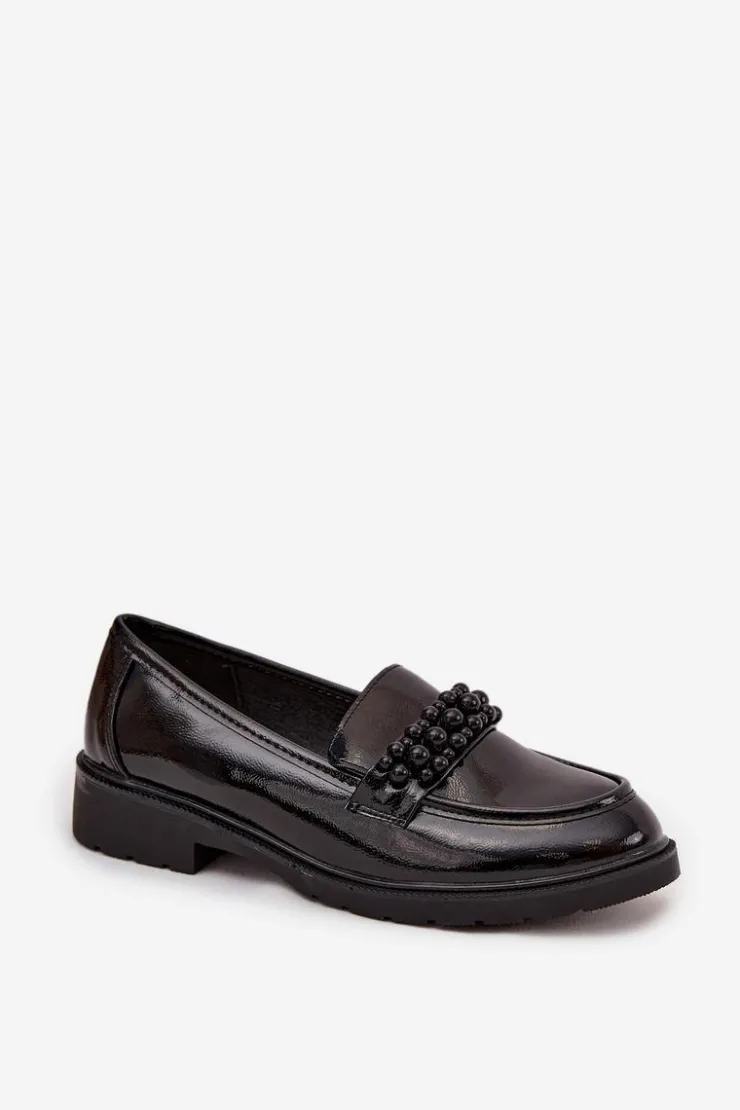 D&A Mokasyny Płaskie|Mokasyny Damskie Lakierowane*Mokasyny Damskie Lakierowane Z Koralikami S.Barski HY52-541 Czarne Czarny