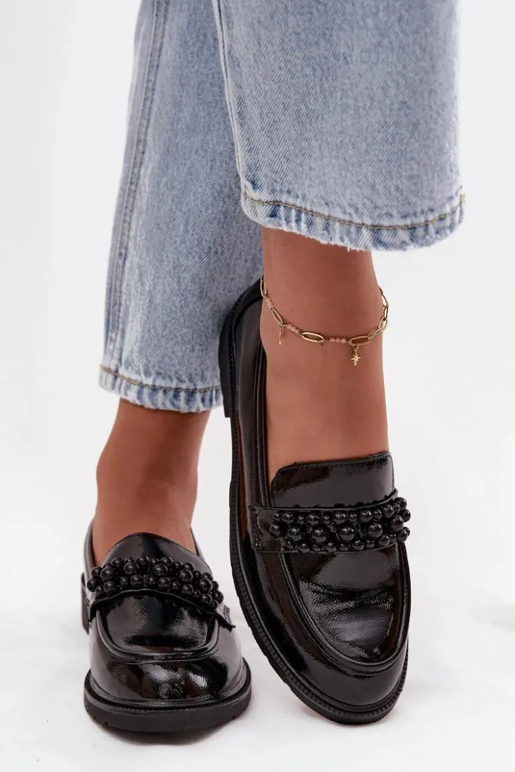 D&A Mokasyny Płaskie|Mokasyny Damskie Lakierowane*Mokasyny Damskie Lakierowane Z Koralikami S.Barski HY52-541 Czarne Czarny