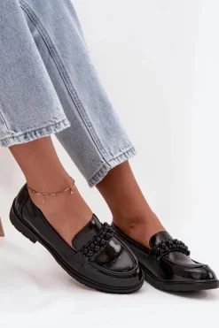 D&A Mokasyny Płaskie|Mokasyny Damskie Lakierowane*Mokasyny Damskie Lakierowane Z Koralikami S.Barski HY52-541 Czarne Czarny