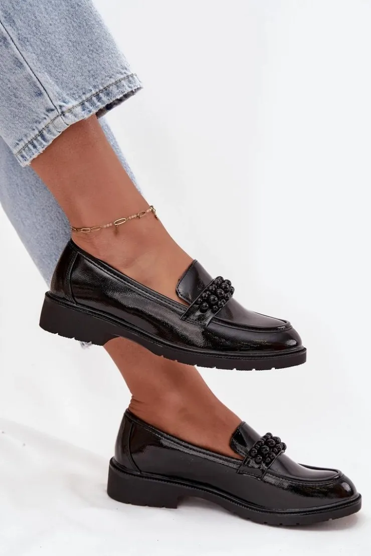 D&A Mokasyny Płaskie|Mokasyny Damskie Lakierowane*Mokasyny Damskie Lakierowane Z Koralikami S.Barski HY52-541 Czarne Czarny