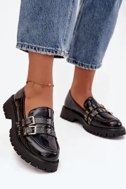 Boto Mokasyny Damskie Lakierowane Z Paskami I Srebrnymi Klamrami Czarne Gabrisse