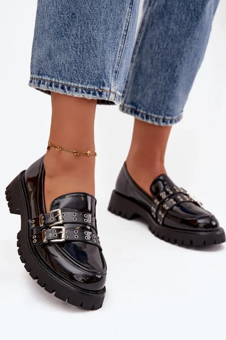 Boto Mokasyny Damskie Lakierowane Z Paskami I Srebrnymi Klamrami Czarne Gabrisse