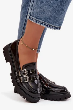 Boto Mokasyny Damskie Lakierowane Z Paskami I Srebrnymi Klamrami Czarne Gabrisse