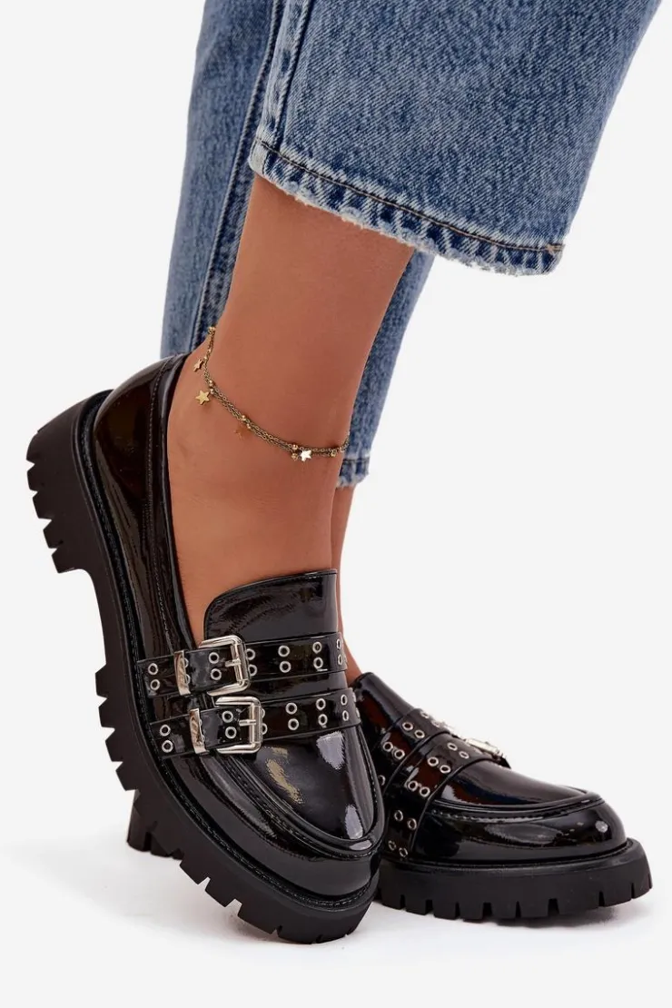 Boto Mokasyny Damskie Lakierowane Z Paskami I Srebrnymi Klamrami Czarne Gabrisse