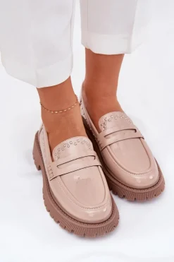 Boto Loafersy Damskie|Mokasyny Płaskie*Mokasyny Damskie Lakierowane Ze Zdobieniem Beżowe Nallae