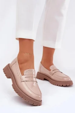 Boto Loafersy Damskie|Mokasyny Płaskie*Mokasyny Damskie Lakierowane Ze Zdobieniem Beżowe Nallae