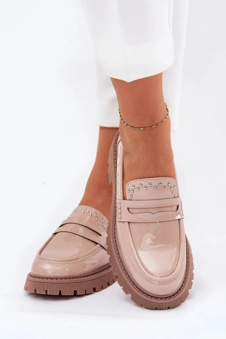 Boto Loafersy Damskie|Mokasyny Płaskie*Mokasyny Damskie Lakierowane Ze Zdobieniem Beżowe Nallae