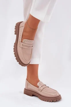 Boto Loafersy Damskie|Mokasyny Płaskie*Mokasyny Damskie Lakierowane Ze Zdobieniem Beżowe Nallae