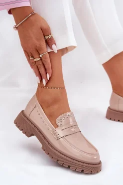 Boto Loafersy Damskie|Mokasyny Płaskie*Mokasyny Damskie Lakierowane Ze Zdobieniem Beżowe Nallae