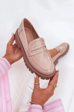 Boto Loafersy Damskie|Mokasyny Płaskie*Mokasyny Damskie Lakierowane Ze Zdobieniem Beżowe Nallae