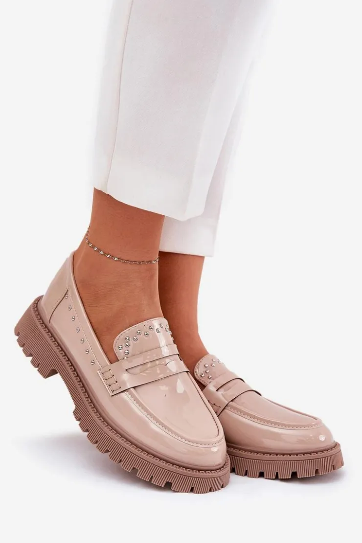 Boto Loafersy Damskie|Mokasyny Płaskie*Mokasyny Damskie Lakierowane Ze Zdobieniem Beżowe Nallae