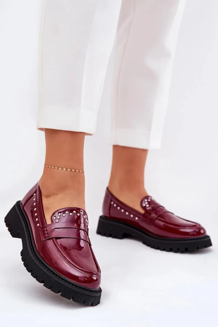 Hot Boto Mokasyny Damskie Lakierowane Ze Zdobieniem Bordowe Nallae Czerwony