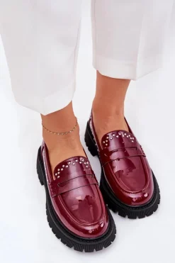 Hot Boto Mokasyny Damskie Lakierowane Ze Zdobieniem Bordowe Nallae Czerwony