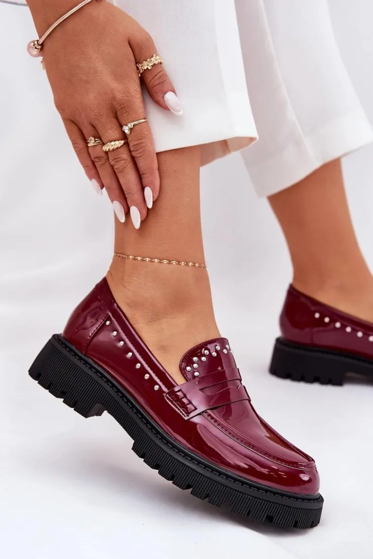 Hot Boto Mokasyny Damskie Lakierowane Ze Zdobieniem Bordowe Nallae Czerwony