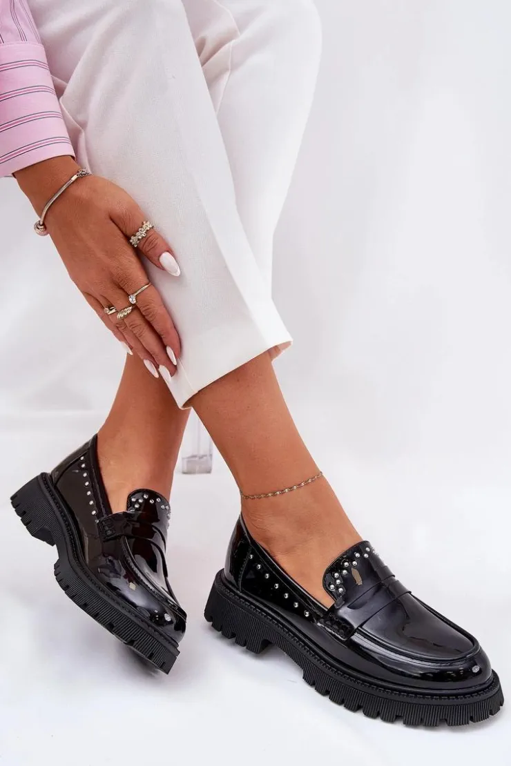 Damskie Boto Mokasyny Damskie Lakierowane Ze Zdobieniem Czarne Nallae