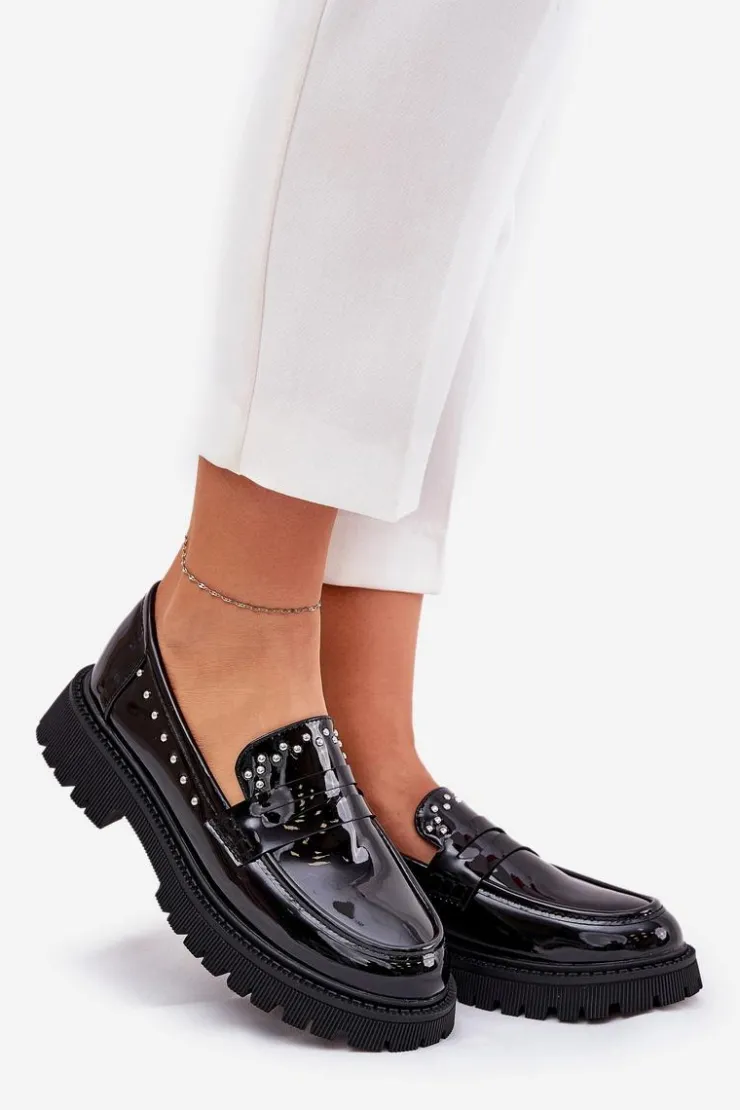 Damskie Boto Mokasyny Damskie Lakierowane Ze Zdobieniem Czarne Nallae