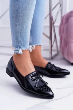 Boto Mokasyny Damskie Lu Boo Czarne Lakierowane Loafer