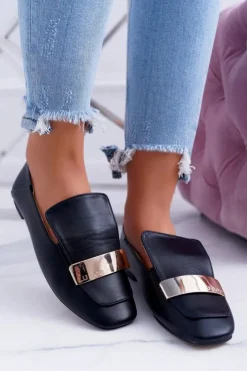 New Boto Mokasyny Damskie Lu Boo Czarne Licowe Z Blaszką Harlem