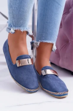 Damskie Boto Mokasyny Damskie Lu Boo Granatowe Łańcuch Zamsz Panama