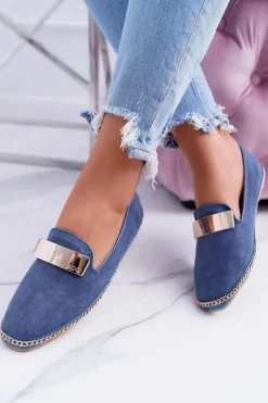 Damskie Boto Mokasyny Damskie Lu Boo Granatowe Łańcuch Zamsz Panama