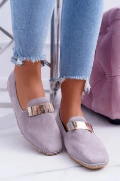 Boto Mokasyny Damskie Zamszowe*Mokasyny Damskie Lu Boo Szare Złoty Łańcuch Panama