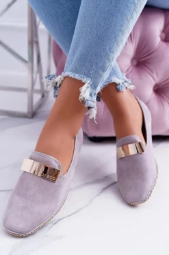 Boto Mokasyny Damskie Zamszowe*Mokasyny Damskie Lu Boo Szare Złoty Łańcuch Panama