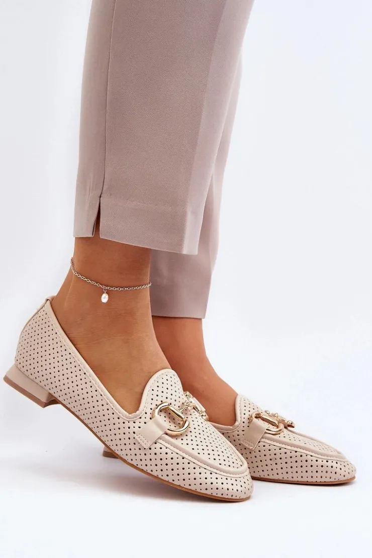 Sale Boto Mokasyny Damskie Na Płaskim Obcasie Z Ozdobą Beżowe Iluvana Beżowy