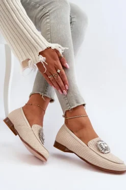 Damskie Damskie buty S.Barski Mokasyny Damskie Na Płaskim Obcasie Z Broszką Beżowe D&A MR38-676