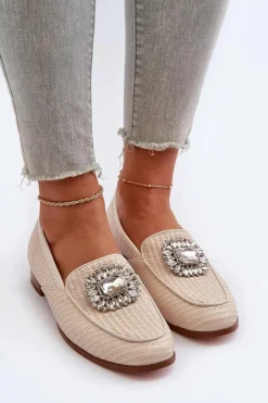 Damskie Damskie buty S.Barski Mokasyny Damskie Na Płaskim Obcasie Z Broszką Beżowe D&A MR38-676