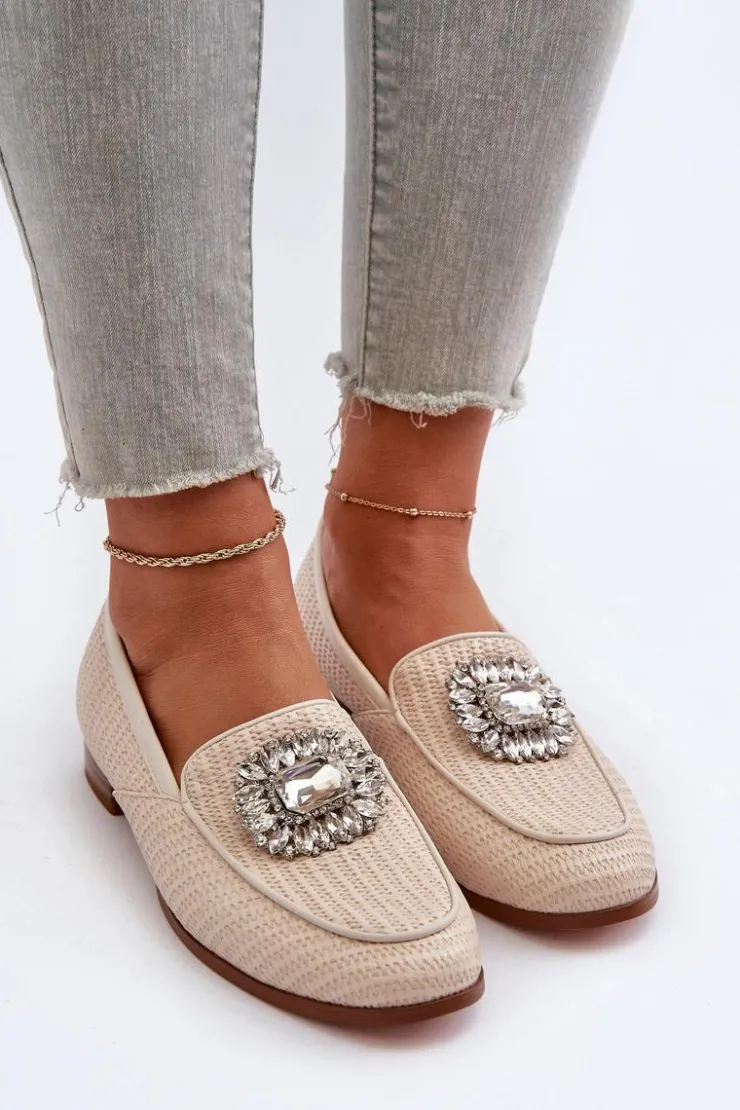 Damskie Damskie buty S.Barski Mokasyny Damskie Na Płaskim Obcasie Z Broszką Beżowe D&A MR38-676