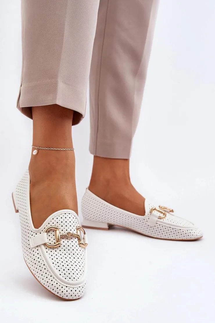 Boto Mokasyny Damskie Skórzane*Mokasyny Damskie Na Płaskim Obcasie Z Ozdobą Białe Iluvana