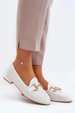 Boto Mokasyny Damskie Skórzane*Mokasyny Damskie Na Płaskim Obcasie Z Ozdobą Białe Iluvana