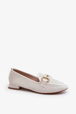 Boto Mokasyny Damskie Skórzane*Mokasyny Damskie Na Płaskim Obcasie Z Ozdobą Białe Iluvana