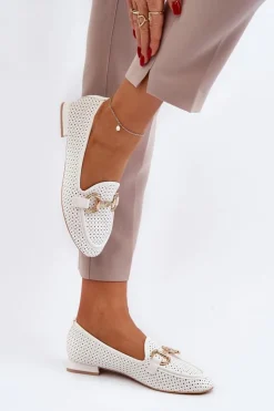 Boto Mokasyny Damskie Skórzane*Mokasyny Damskie Na Płaskim Obcasie Z Ozdobą Białe Iluvana