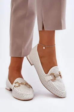 Boto Mokasyny Damskie Skórzane*Mokasyny Damskie Na Płaskim Obcasie Z Ozdobą Białe Iluvana
