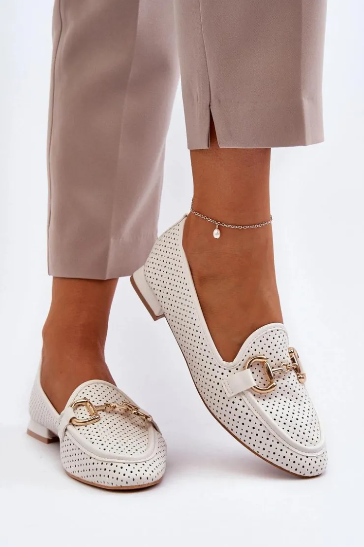 Boto Mokasyny Damskie Skórzane*Mokasyny Damskie Na Płaskim Obcasie Z Ozdobą Białe Iluvana