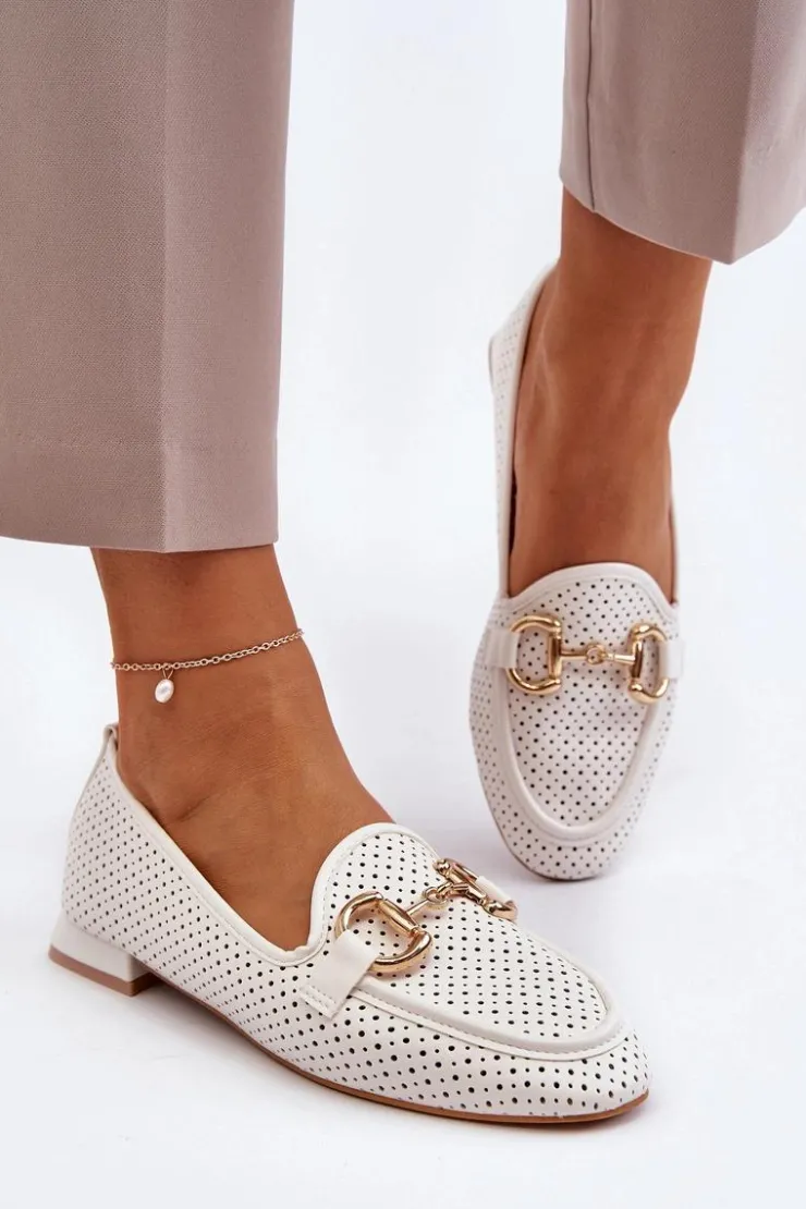 Boto Mokasyny Damskie Skórzane*Mokasyny Damskie Na Płaskim Obcasie Z Ozdobą Białe Iluvana