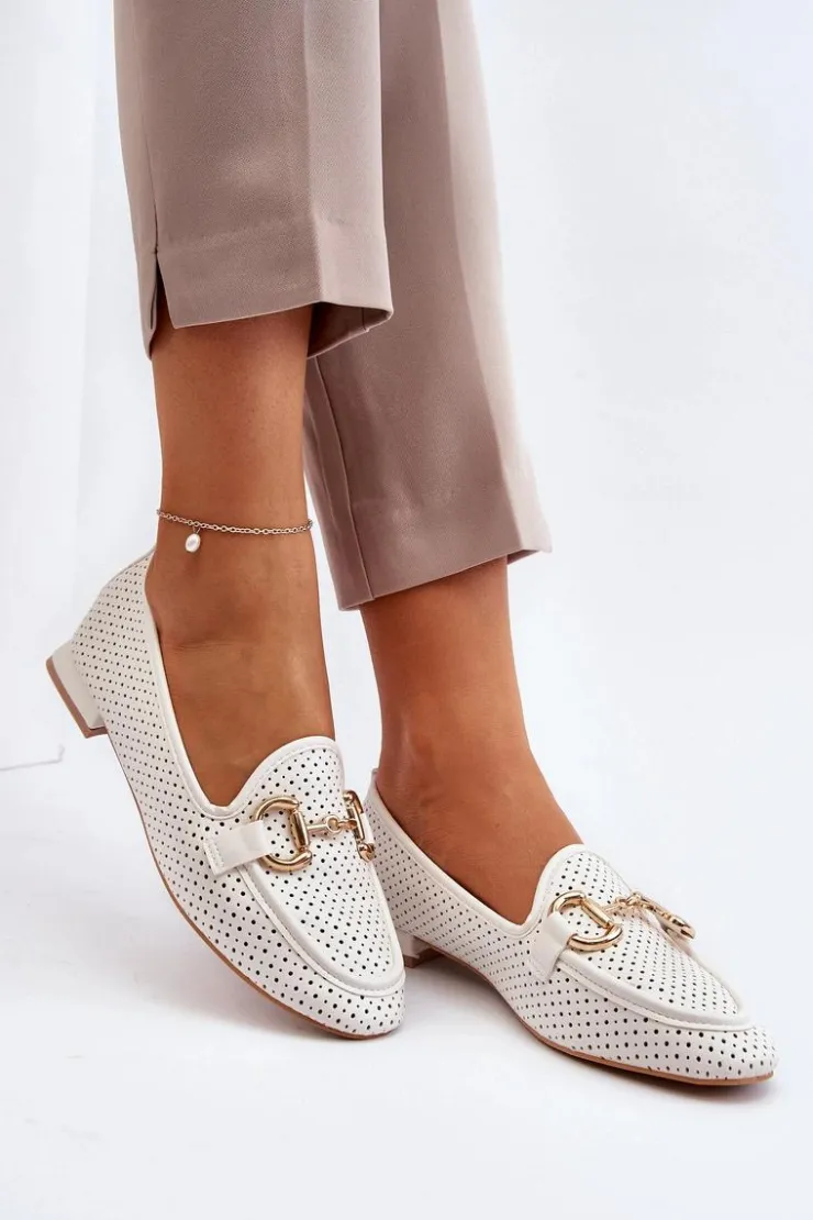 Boto Mokasyny Damskie Skórzane*Mokasyny Damskie Na Płaskim Obcasie Z Ozdobą Białe Iluvana