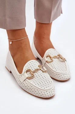 Boto Mokasyny Damskie Skórzane*Mokasyny Damskie Na Płaskim Obcasie Z Ozdobą Białe Iluvana