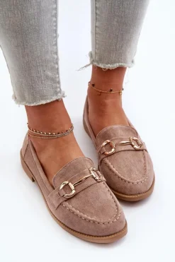 Damskie Boto Mokasyny Damskie Na Płaskim Obcasie Z Ozdobą Ciemnobeżowe Aviole