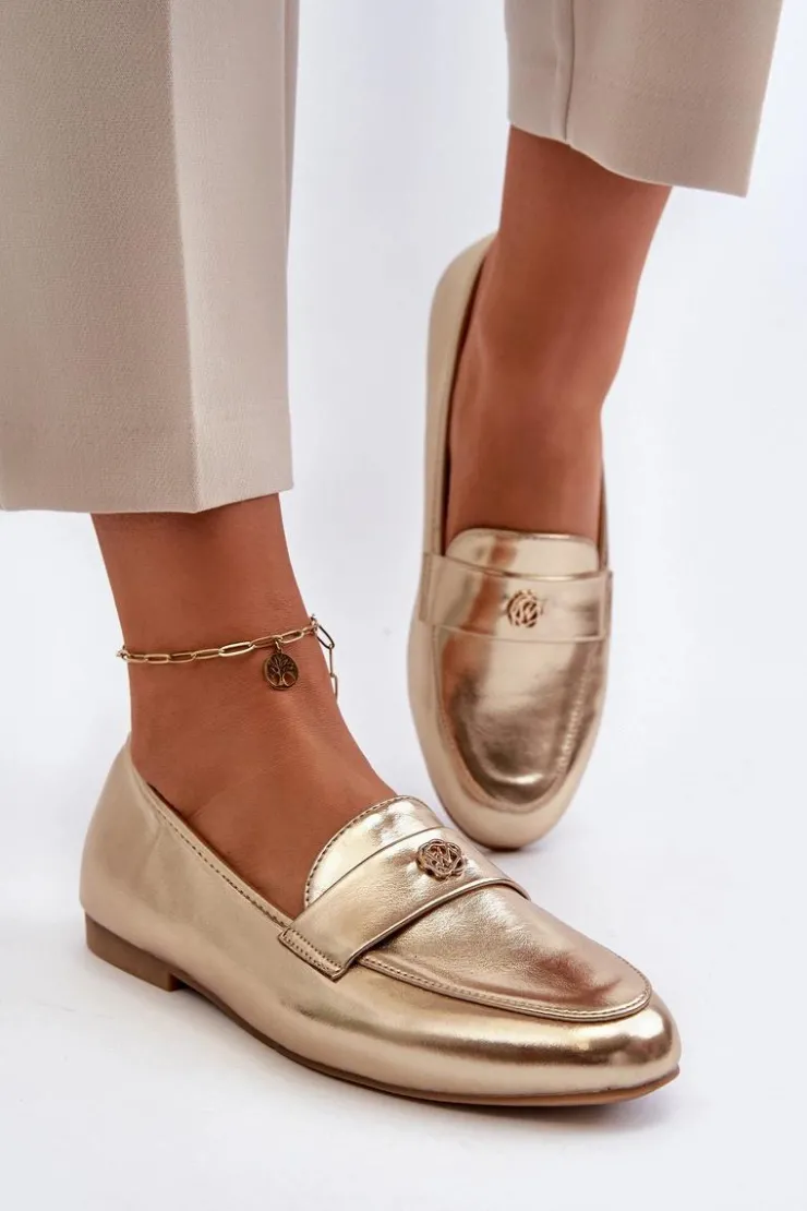 New Evento Mokasyny Damskie Na Płaskim Obcasie Złote Sylvaine Złoty