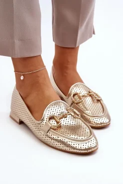 Boto Mokasyny Damskie Skórzane*Mokasyny Damskie Na Płaskim Obcasie Z Ozdobą Złote Iluvana