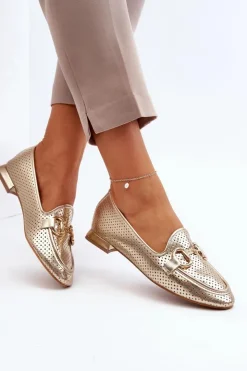 Boto Mokasyny Damskie Skórzane*Mokasyny Damskie Na Płaskim Obcasie Z Ozdobą Złote Iluvana