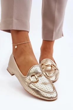 Boto Mokasyny Damskie Skórzane*Mokasyny Damskie Na Płaskim Obcasie Z Ozdobą Złote Iluvana